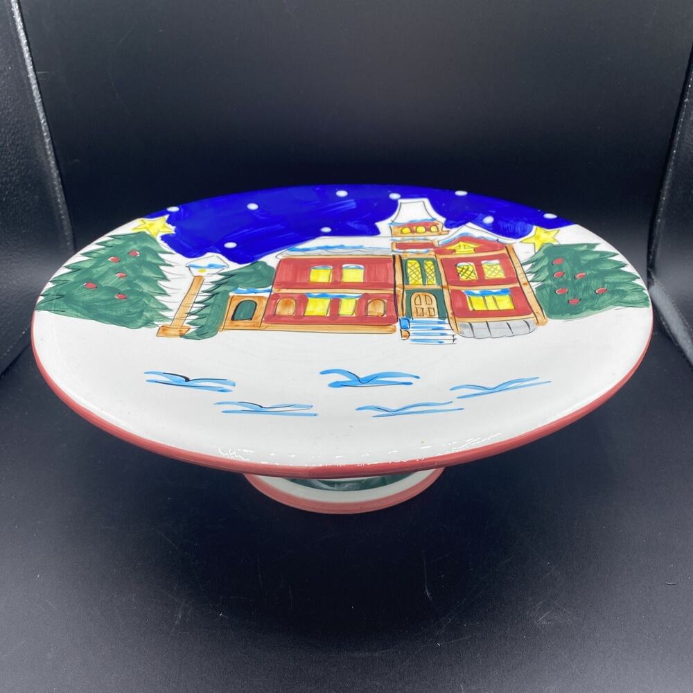 World Bazaar Art Ceramic Cake Stand Round Christmas Pedestal Plate 12.5”